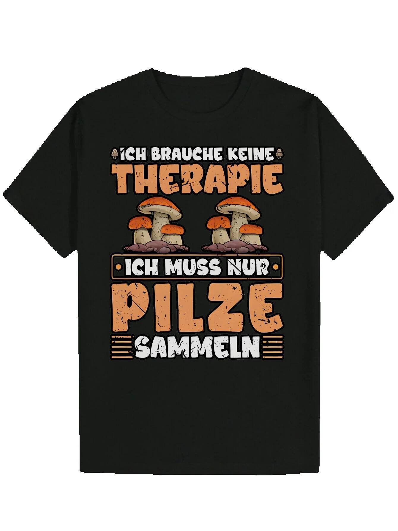 Men's Summer - Black Polyester Round Neck, Mushroom Letter Design, Lightweight and Breathable, Suitable Wear, Essential for Casual Wardrobe Playf