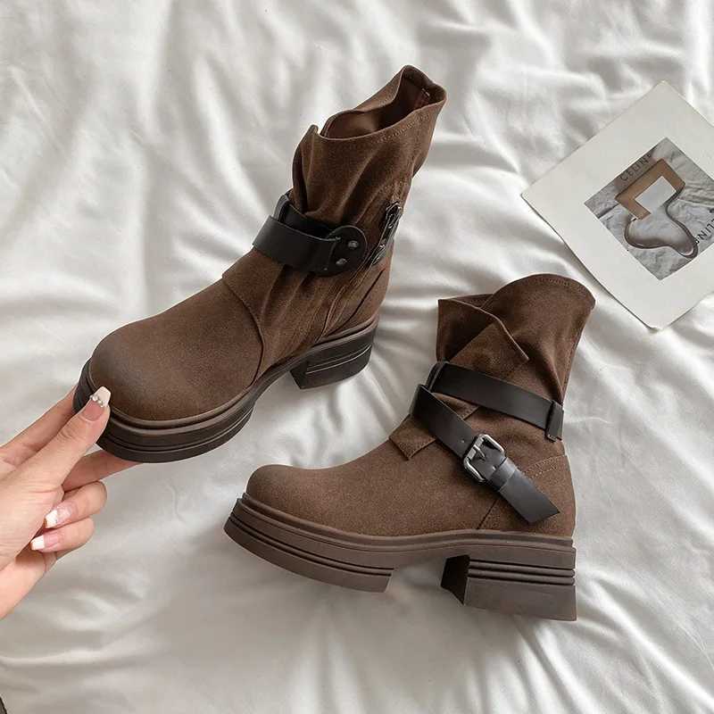 2025 Autumn Winter Retro Belt Buckle Nubuck Leather Martin Boots for Women Thick Heels Shoes Woman Frosted Western Cowboy Short Boots W250811