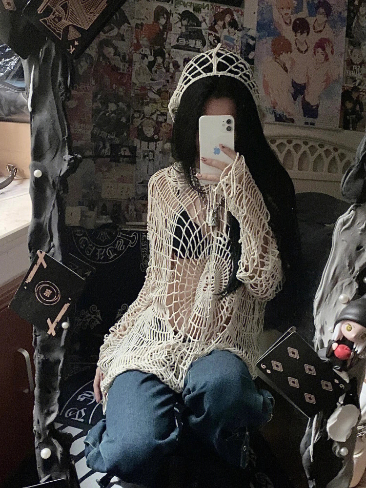 ADAgirl Y2k Spider Web Hollow Out Sweaters Hole Crochet Knit Top Punk Grunge E-Girl Pullover Hoohed Streetwear Goth Mesh Clothes 250811