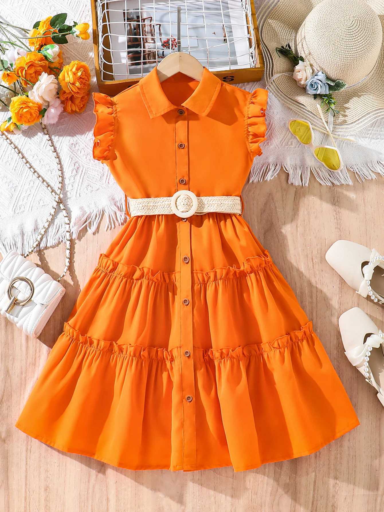 Girls Sunset Orange Dress 2025 Summer New Breathable Linen Blend with Woven Belt - Trendy Outdoor Kids Fashion W250811