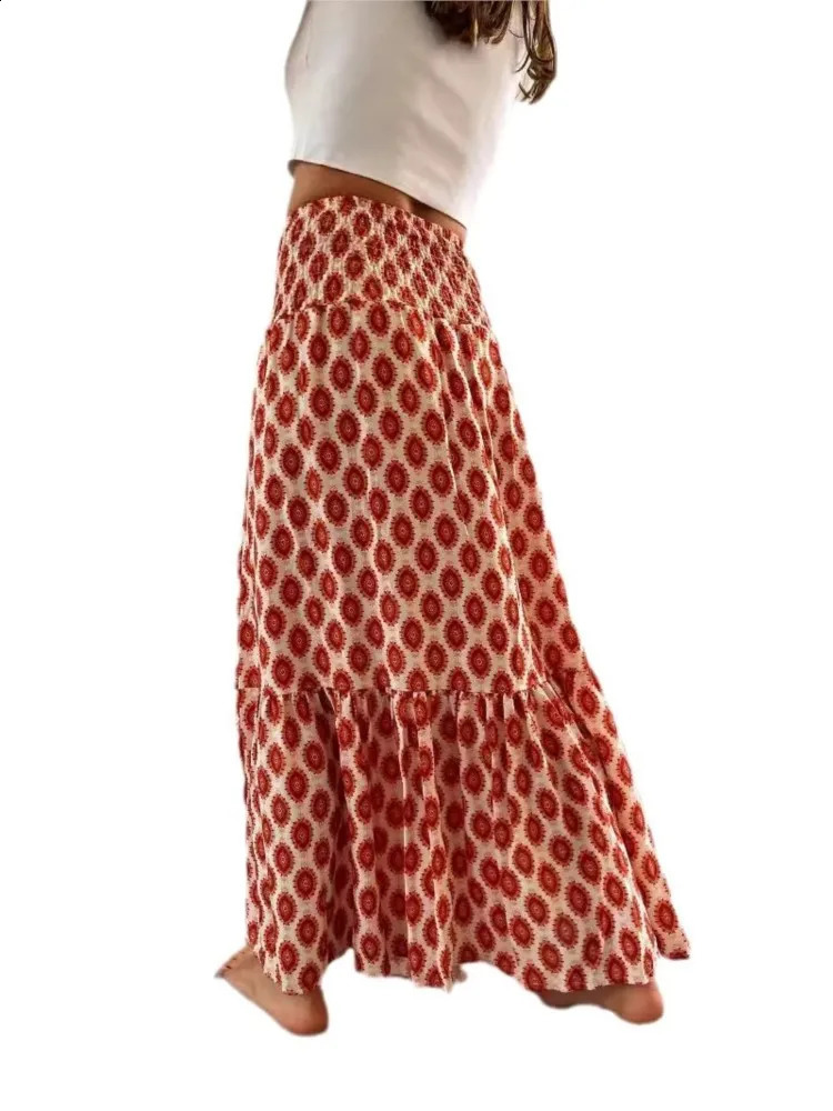 Womens Casual Boho Skirts Spring Summer Fashion Vintage Loose Elastic Waist Floral Print Ethenic Style Beach Maxi Skirt 250809