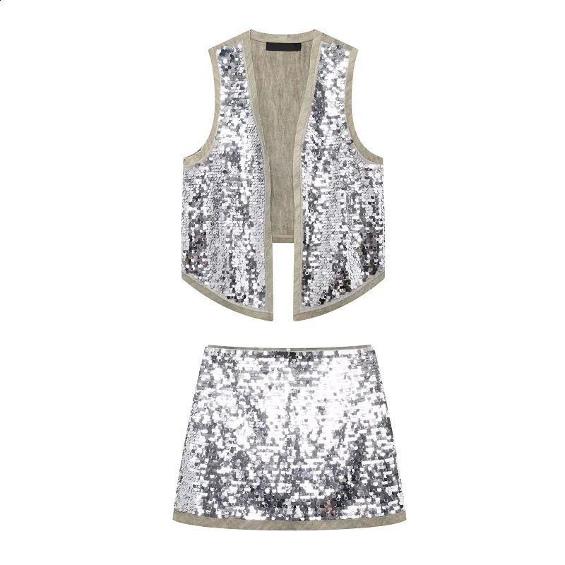 TRAF Silver Skirt Sets For Women 2 Pieces Summer Sequined Tank Vest Top Mini Skirts Ladies Fashion Sexy Elegant Outfit 250804