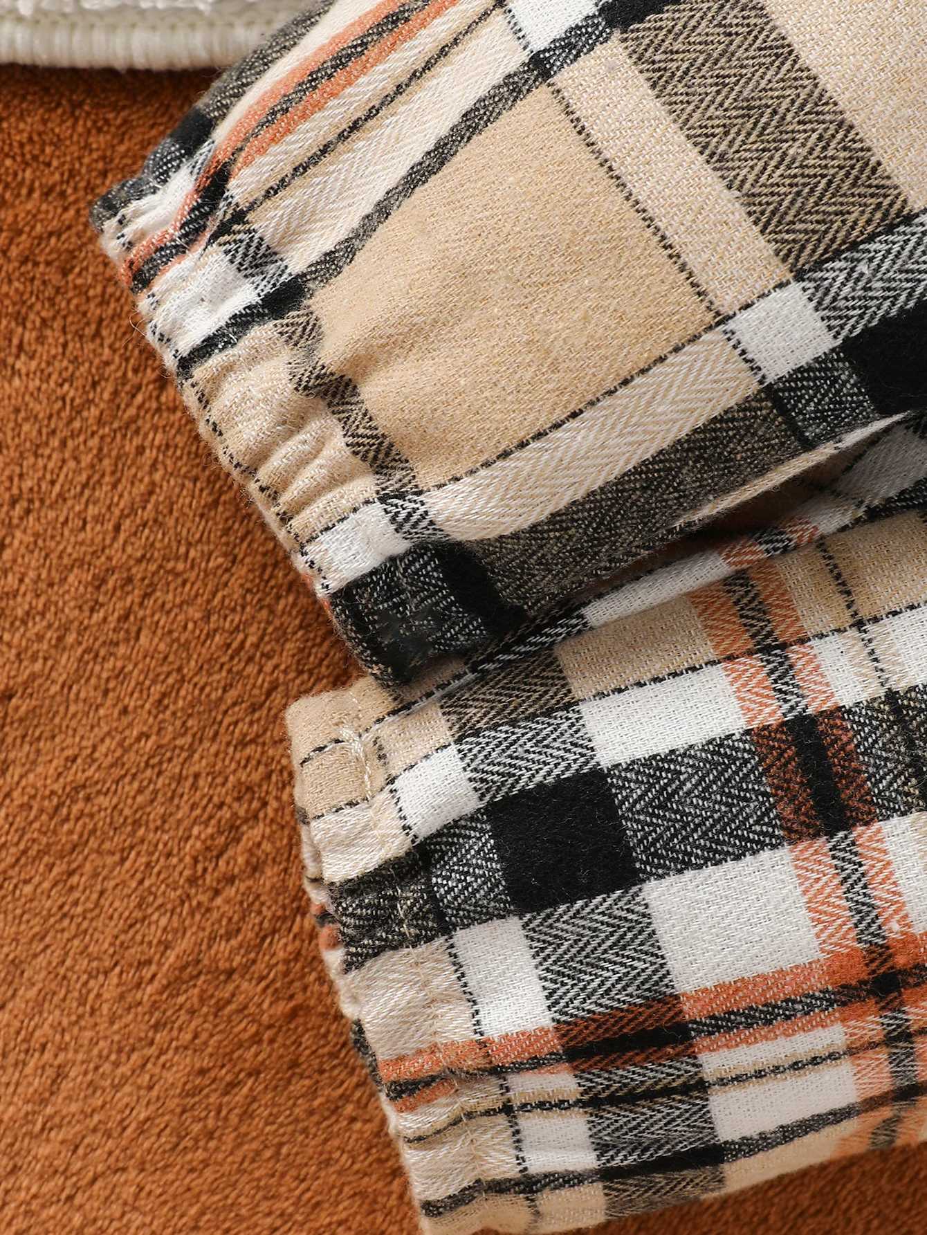 Baby Girl and Child Spring and Autumn Apricot Round Neck Bear Long Sleeve Jumpsuit and Bow Plaid Pants with Headband Set Z250811