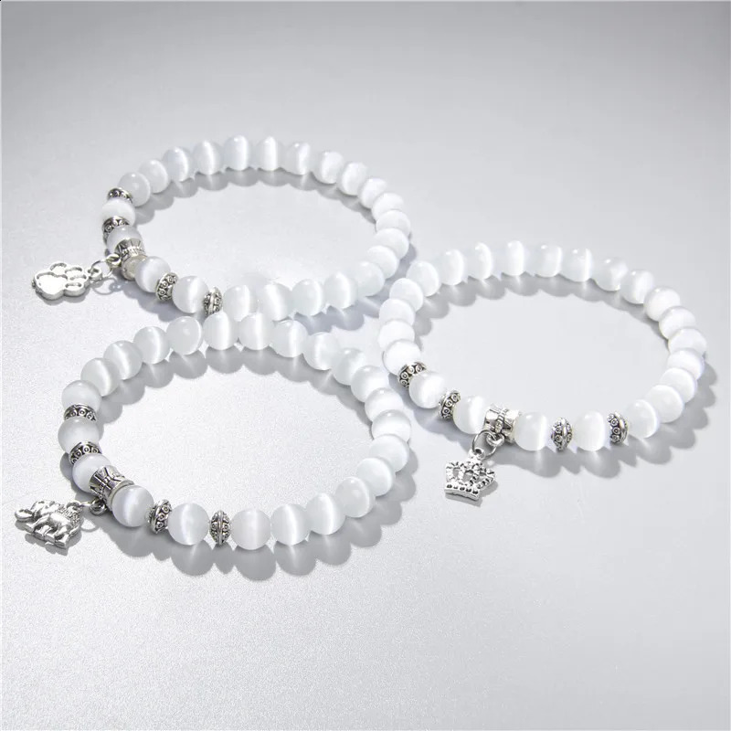 8mm white Cat Eye stone Beads Bracelet with Lucky dragonfly Dog claw butterfly Pendant Charms Strand Bracelets For Women female 250805
