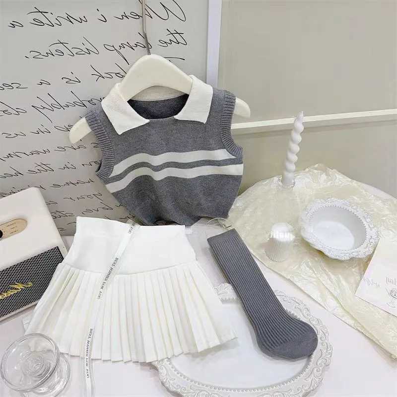 Summer Ins Baby Girls 2PCS Clothes Set Knitted Thin Sleeveless Polo Tank Top Pleated Solid Skirts Suit Kids Girls Outfits Z250811
