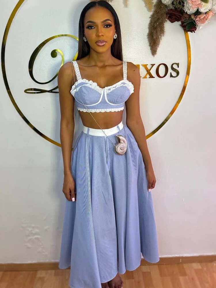 Beyprern Elegant Lace Contrast Stripes Camisole Skirt Set TwoPiece Dress Holiday Outfits Women TieBack Stirped Vacation 250811