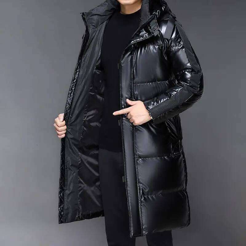 Mid Length Warm White Duck Down Jackets Winter Men's Black Bright Hooded Long Puffer Coats Outwear Windproof Thicken Tops Parkas