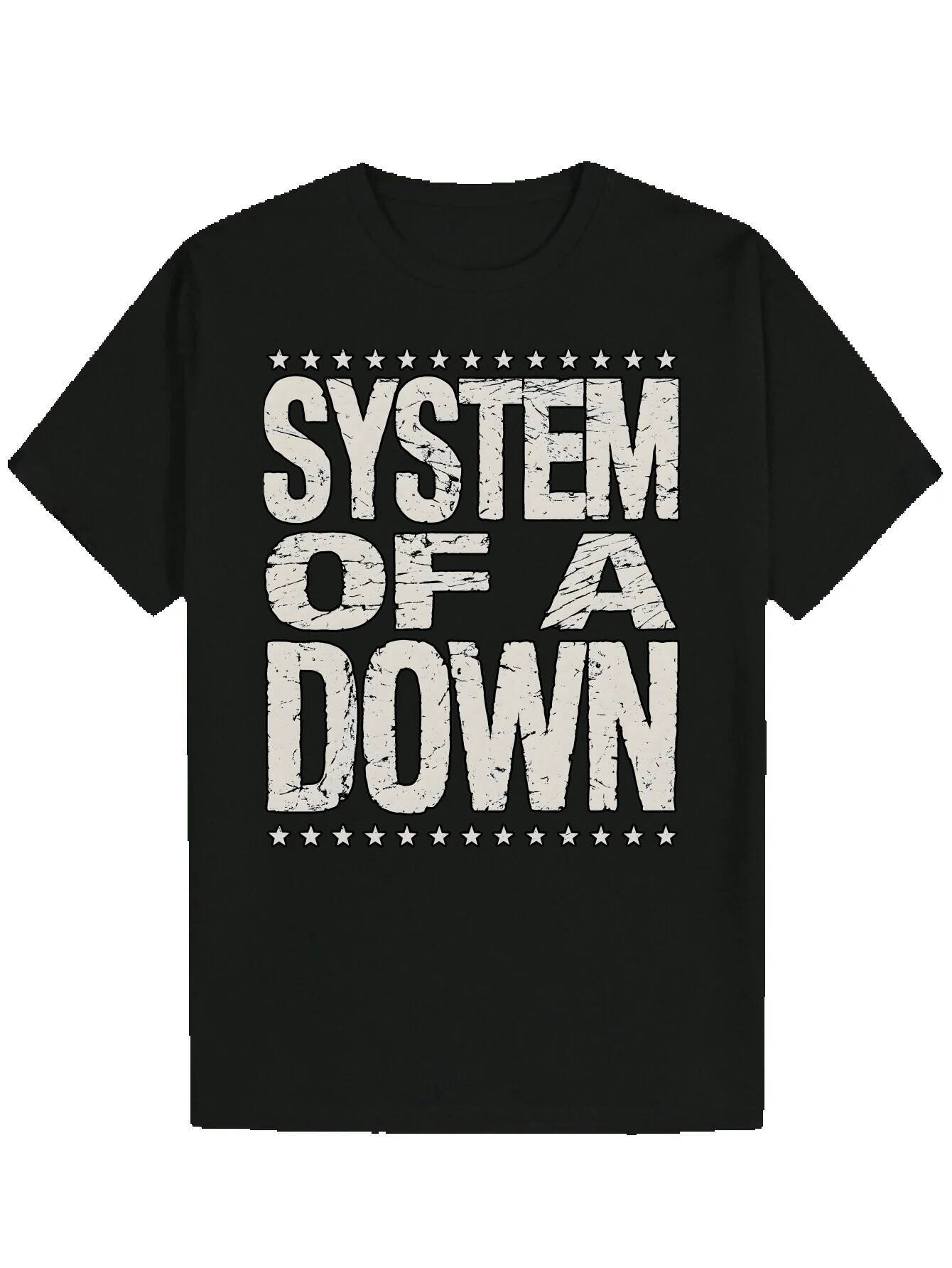 Men's Summer Casual Short Sleeve T-Shirt - Distressed 'A System' Pattern Print, Black with White Stars, 100% Polyester, Crew Neck, Mach