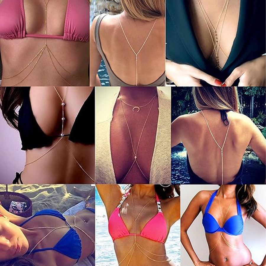6Pcs Sexy Body Chain Belly Waist Chain Necklace Summer Beach Bikini Bra Body Jewelry for Women Gold Tone