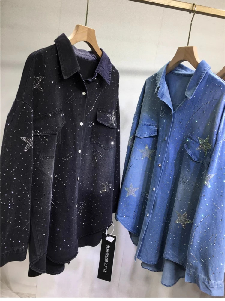 Style Sparkle Rhinestone Drilling Denim Jacket For Womens Fashion Blouses Long Sleeve Outwear Denim Top 250804