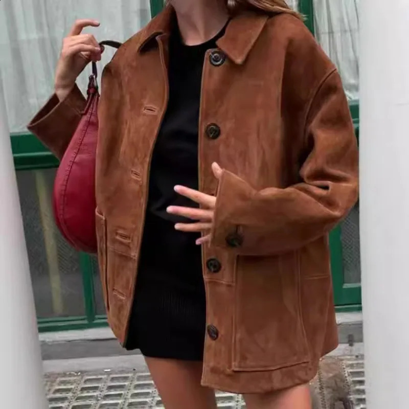 Lapel long-sleeved button jacket Europe and America autumn and winter loose street style pocket jacket 250804