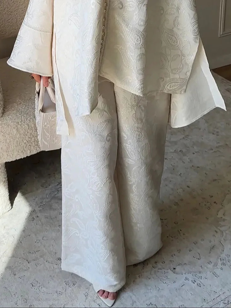 Womens Fashion Jacquard Top And Pant Set Loose Vneck Irregular Hem Wideleg Trouser Lady Chic Vintage Court Outfits 250811