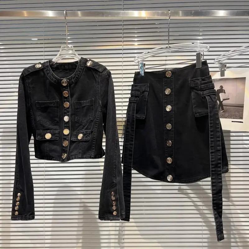 Metal buttons Denim 2 Piece Set Women Spring Autumn Retro Skirt Suits Short Denim Jacket Coat jeans Skirt Two Piece Set Sets 250807