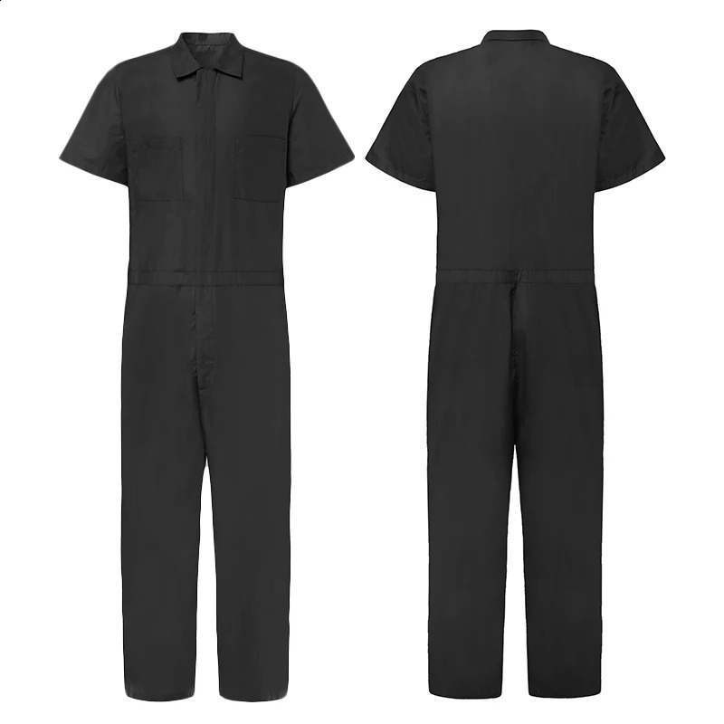 Mens Leisure Overalls Zipper Jumpsuit Casual Shortsleeved Pocket Pants Lapel Work Clothes Solid Color Streetwear 2025 250729