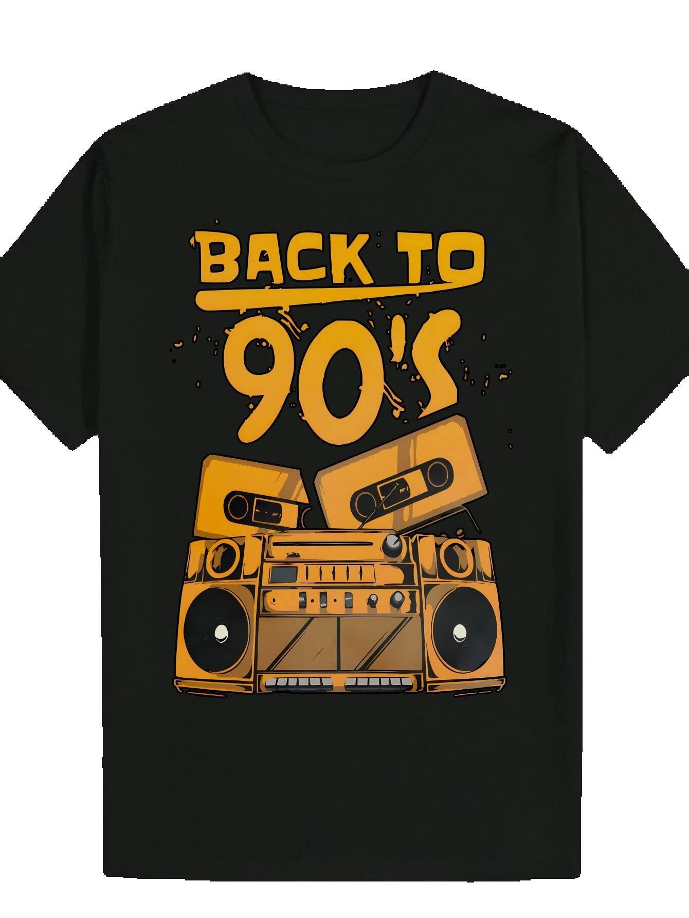 Men's 90s Pattern T-Shirt - Boombox and Bold Letter Print, Black with Yellow Design, Lightweight Polyester, Regular Fit Summer T-Shirt, Casual We
