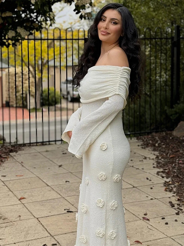 Off Shoulder Knitted Long Dresses Elegant Flowers Beach Maxi Dress Fashion Slim Party Robes Chic Lady Evening Gown 250805