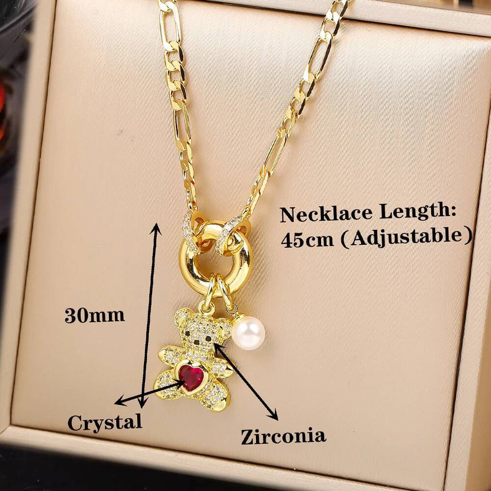 Hot Sale 2PCS Animal Bear Zirconia Bracelet Necklace Set for Women Female Daily Party Crystal Jewelry Girl Gift