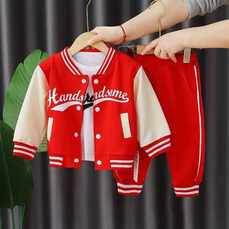 Boys Autumn Letter Baseball Single-Breasted Jacket + Round Neck Printed Cotton Long Sleeve + Striped Sweatpants 3-Piece Set Z250811