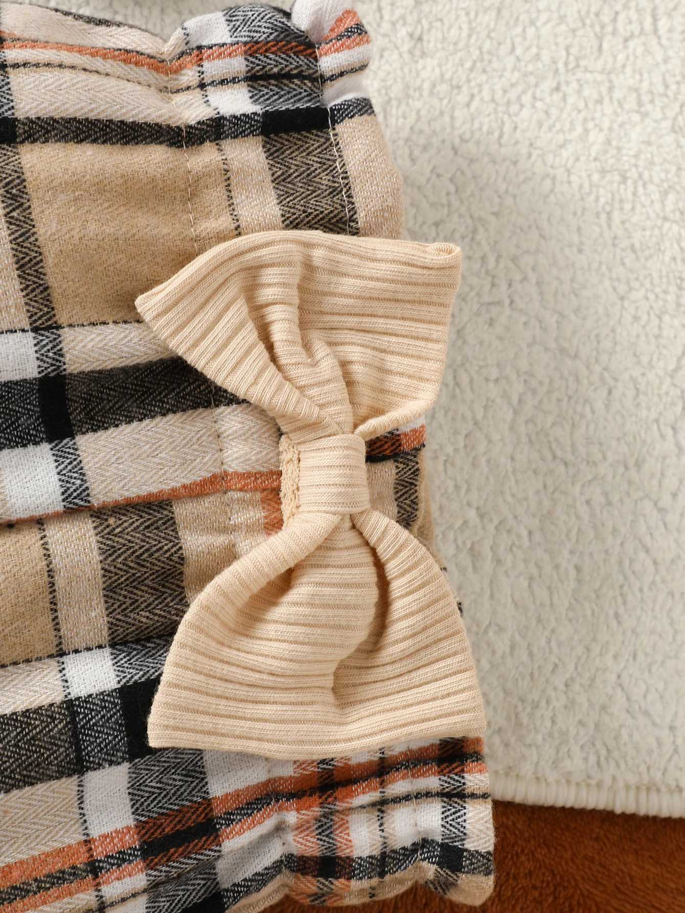 Baby Girl and Child Spring and Autumn Apricot Round Neck Bear Long Sleeve Jumpsuit and Bow Plaid Pants with Headband Set Z250811