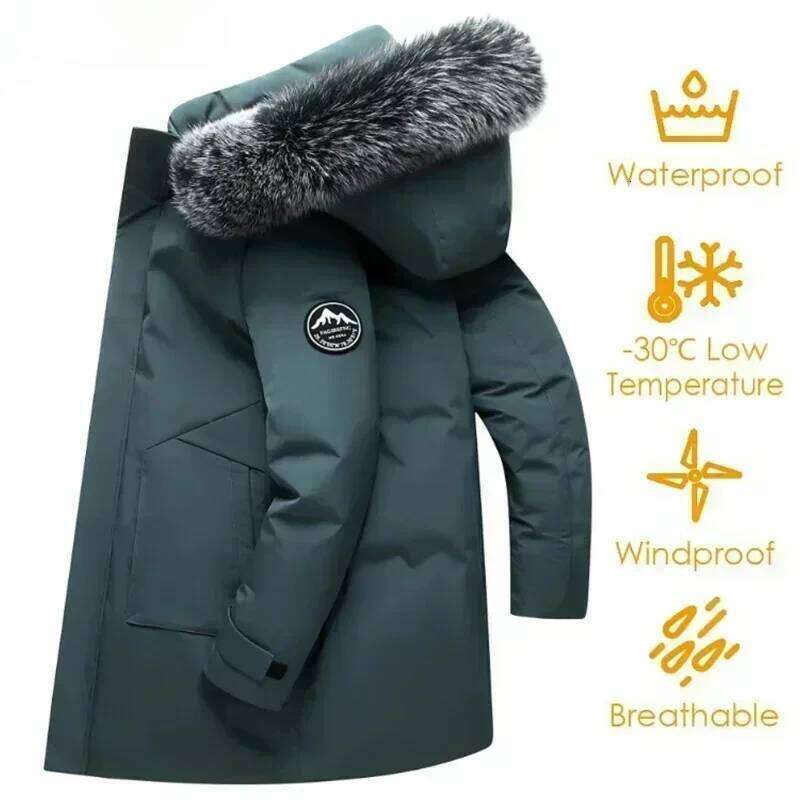 Winter Brand Long Style Jacket Casual Fur Collar Hooded White Duck Down for Men's Mountaineering Warm Coat