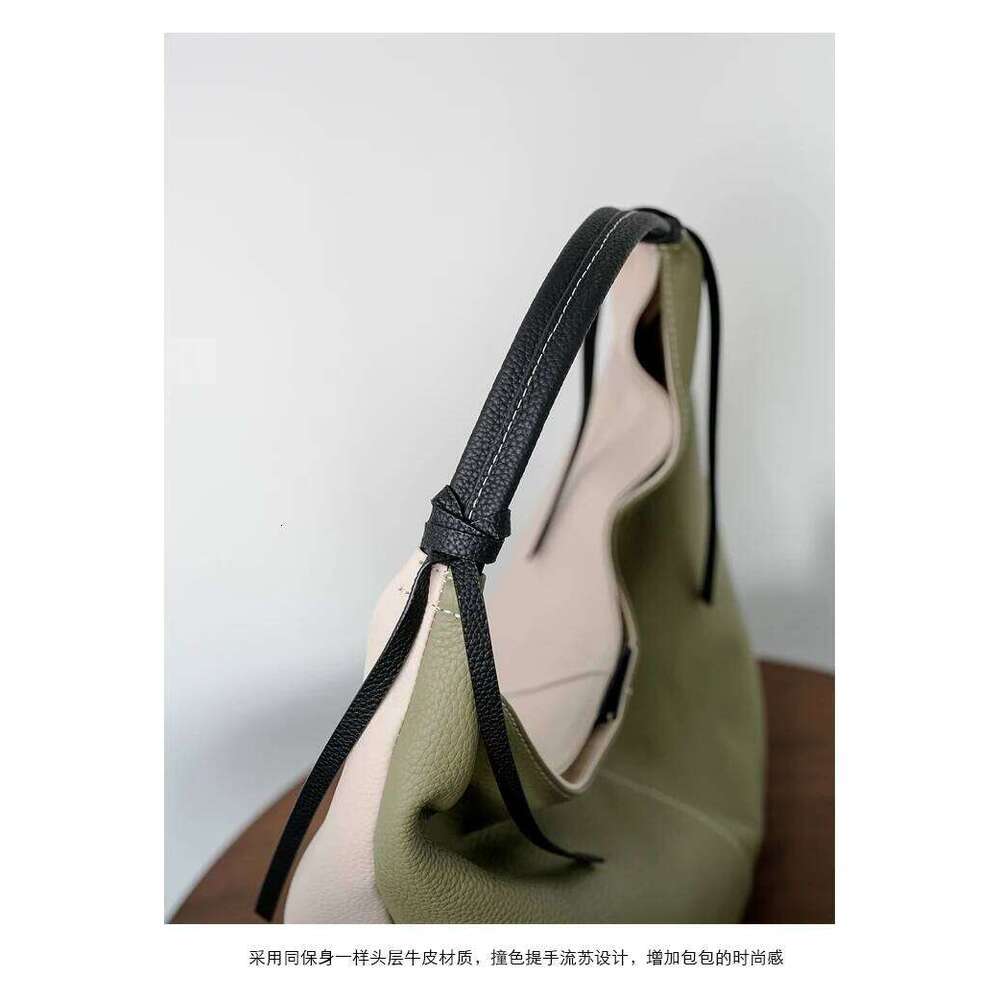 New Simple Huge Capacity Green Travel Tote Hit-color Genuine Cow Leather Women Handbag Leisure Female Armpit Shoulder Bag