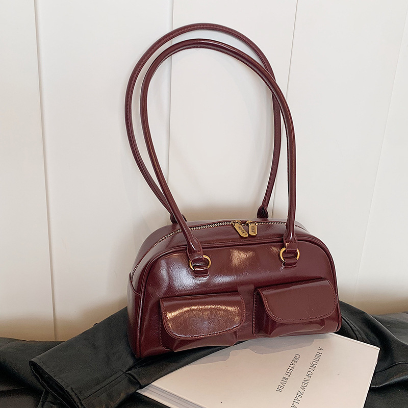 Oil Wax Leather Bowling French Underarm Women's New Fashion Large Capacity Commuter Handbag Shoulder Bag ddmymoon