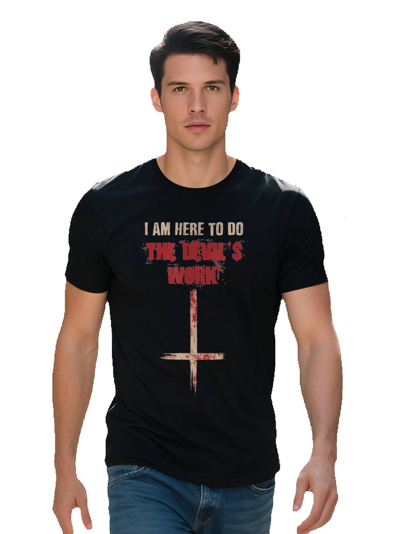 Men s Cotton Casual T Shirt Crew Neck Short Sleeve Regular Fit with Gothic Cross and I Am Here to Do The de54b 52797