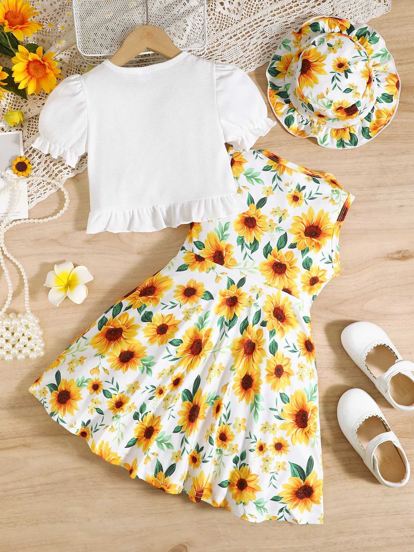 3Pcs Kid Girl Dress Sunflower Sleeveless Dress+Shawl+Hat Girl Summer Vacation Casual Dress Set for girls aged 3-8 Years W250811