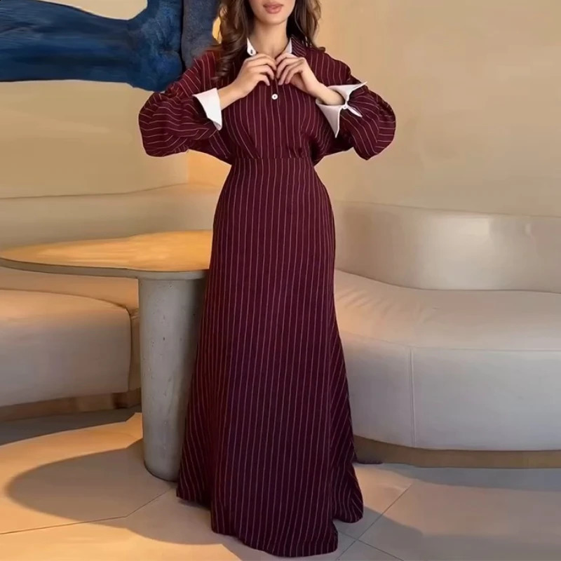 Fashion Autumn Winter Office Lady Womens Single Breasted Long Sleeved Shirt with Hip Wrapping Striped Long Skirt Set 250807