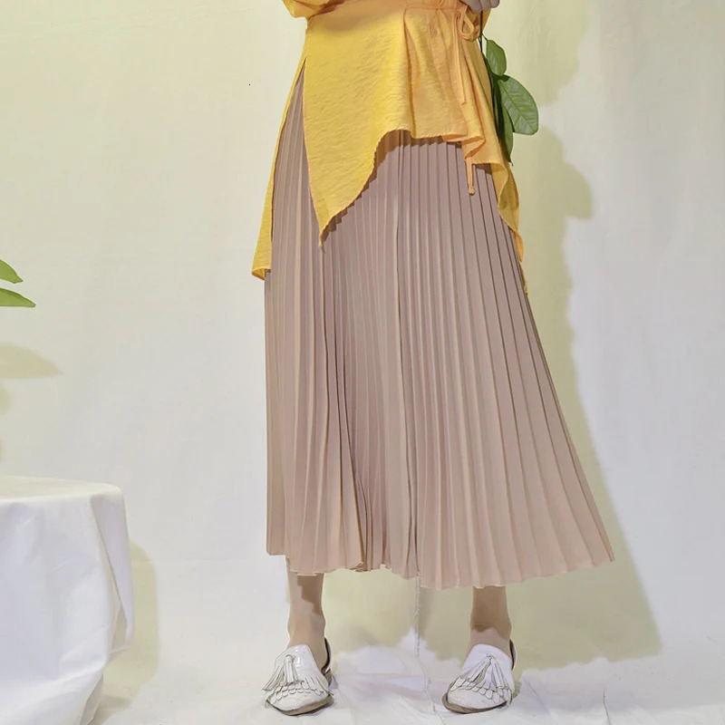 Vintage Pleated Midi Long Skirt For Women Korean Fashion Casual High Waist Chiffon Skirts Jupe Faldas 18 Color Autumn SK397 250811