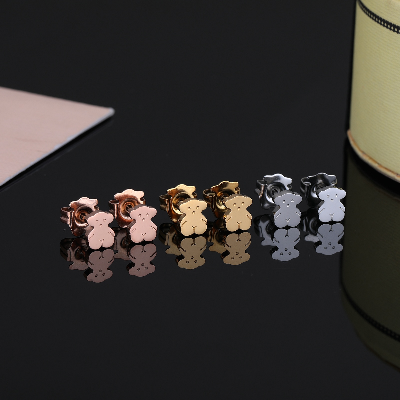 New Fashion Women Men Girls Simple Bear Silver Rose Gold Stainless Steel Round Cartoon Animal Mini Span Stud Earrings Jewelry