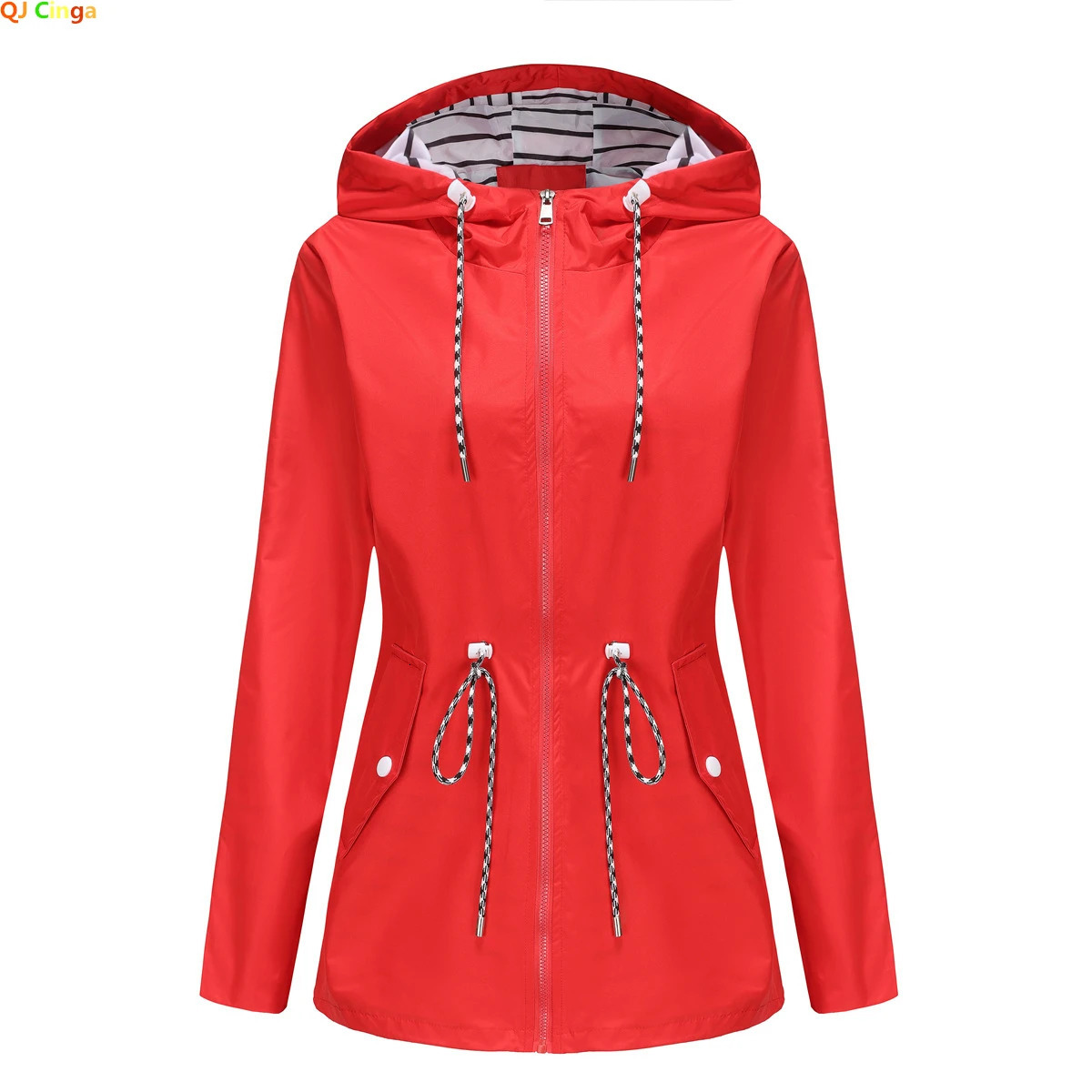 Red Waterproof Hooded Jacket Women Fashion Casual Coat Waist Drawstring Tie Zipper Switch Blue Green Yellow Black Windbreaker 250809