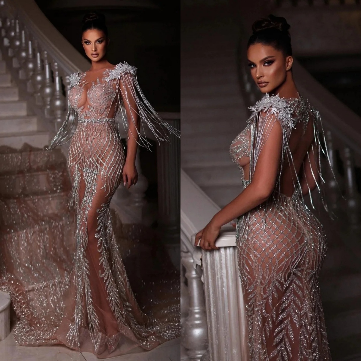 Illusion Backless Evening Dresses Customized Sexy Sequined Appliques Prom Dress Sleeveless Sweep Train Tassels Party Gown
