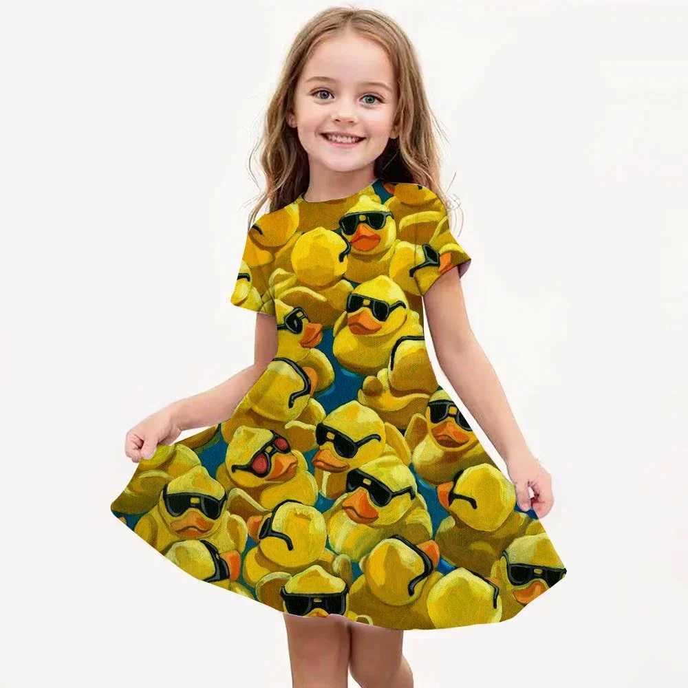 MINISO Summer Girls Cartoon Yellow Duck Dress Fashion Dress Kids Daily Casual Stylish Short Sleeve Clothing Cute Streetwear W250811