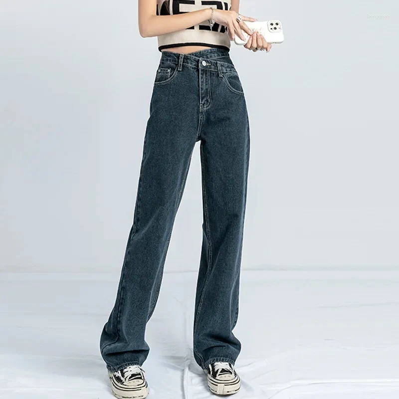 Womens Jeans High Waist Straight Leg Distressed Denim Floor Length Cross Summer Wide Long Pants Z260313