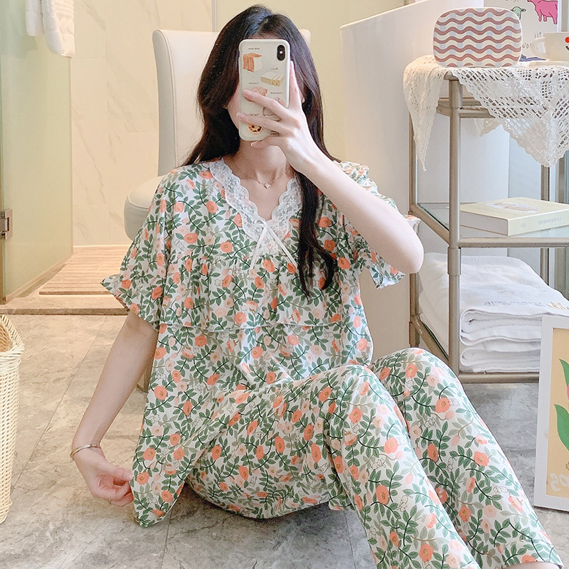B1012-Cotton silk nightdress women's spring and autumn casual short-sleeved pajamas summer thin high-end touching cotton home clothes