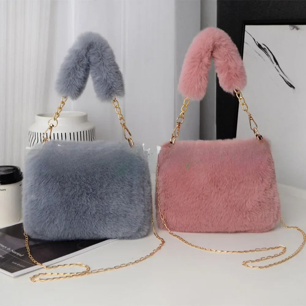 Fashion Women Fluffy Shoulder Bags Female Winter Chain Underarm Bag Solid Color Handbag Soft Plush Handle 250811