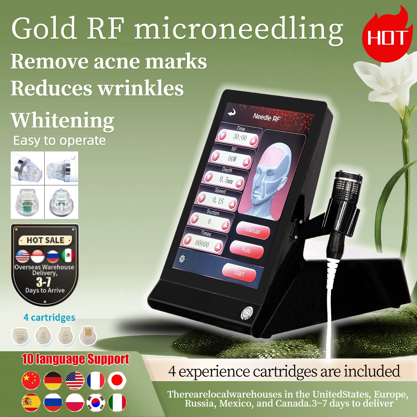 Effective Gold RF Microneedle Beauty Device in Wrinkle Removal Anti Aging Whitening Lightening Spots Acne Marks Reducing Crow's Feet Stretch Mark