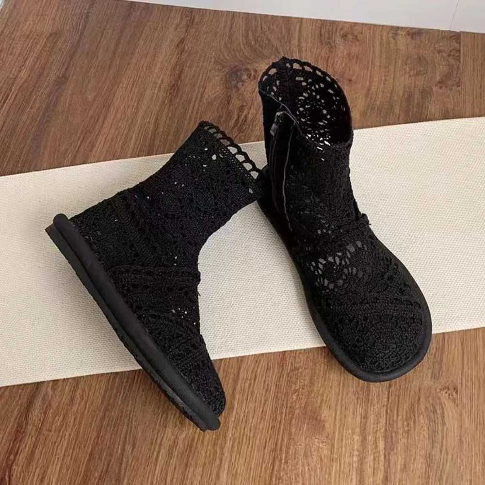 New Spring Summer Flat Heel Ankle Boots - Slip-On Flat Martin Boots Cutout Mesh Booties for Women W250811