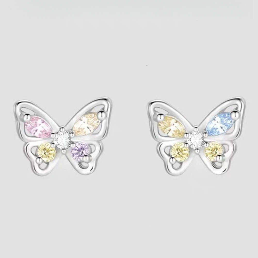 Pure Sier Sweet Pink Blue Hollow Butterfly for Women Exquisite Small Colorful Zircon Earrings Niche Ear Jewelry Trend