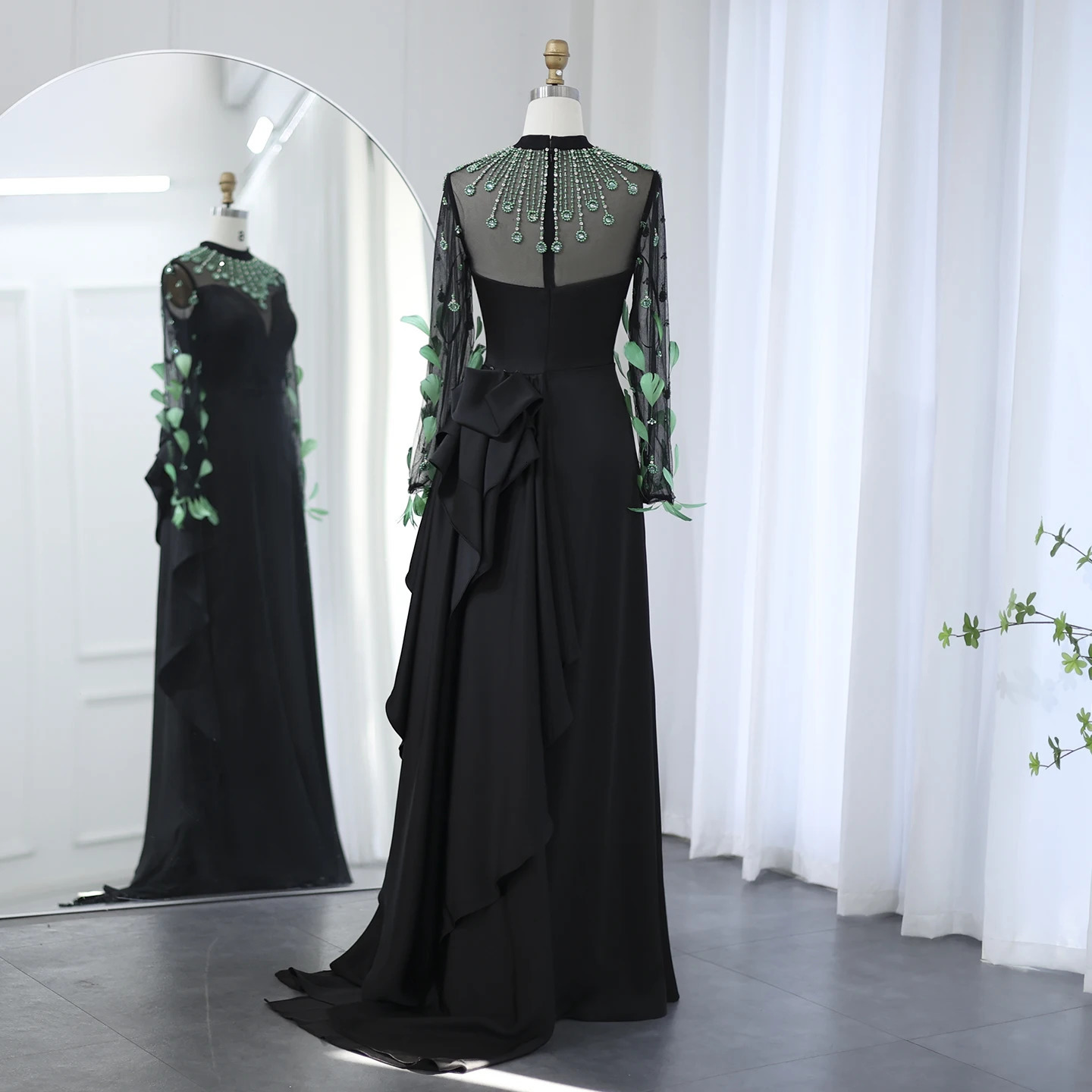 Sharon Said y Dubai Emerald Green Feathers Black Evening Dress Long Sleeves Arabia Women Formal Party Gown SS457 Customized 250811
