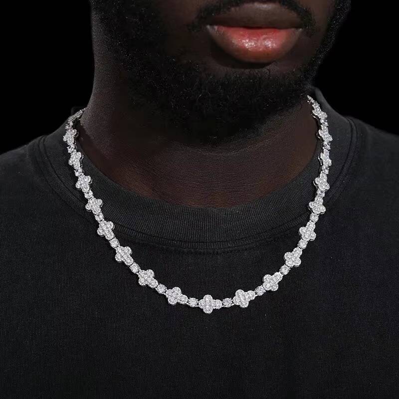 Stylish 10.0mm Moissanite Diamond Tennis Link Chain Necklace with Rounded Pave Cross Diamond Pendants for Gift Occasions