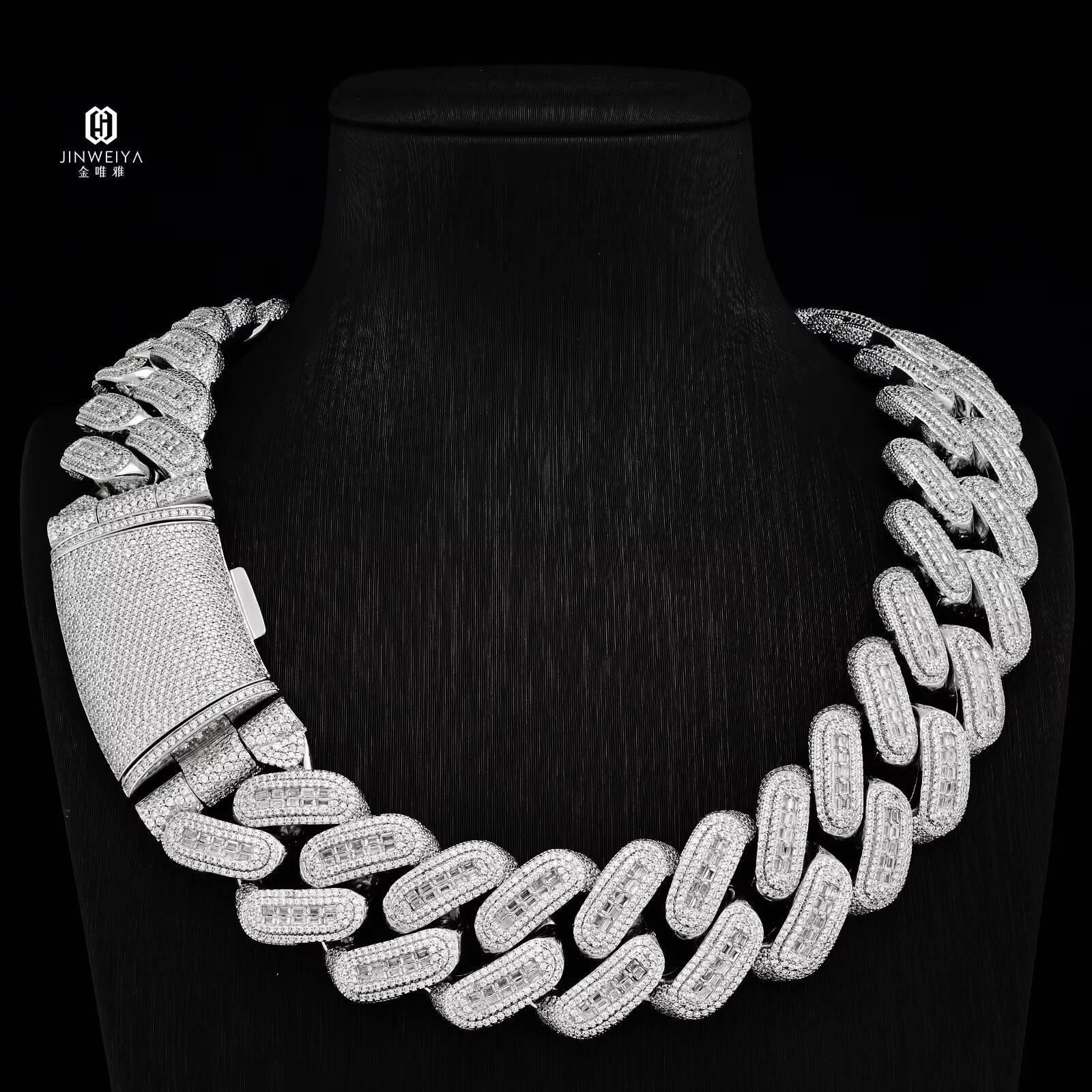 Factory Direct 20mm White Gold Plated Mens Necklace Luxury 925 Silver Cuban Link Chain with Zircon Elegant Design Jewelry