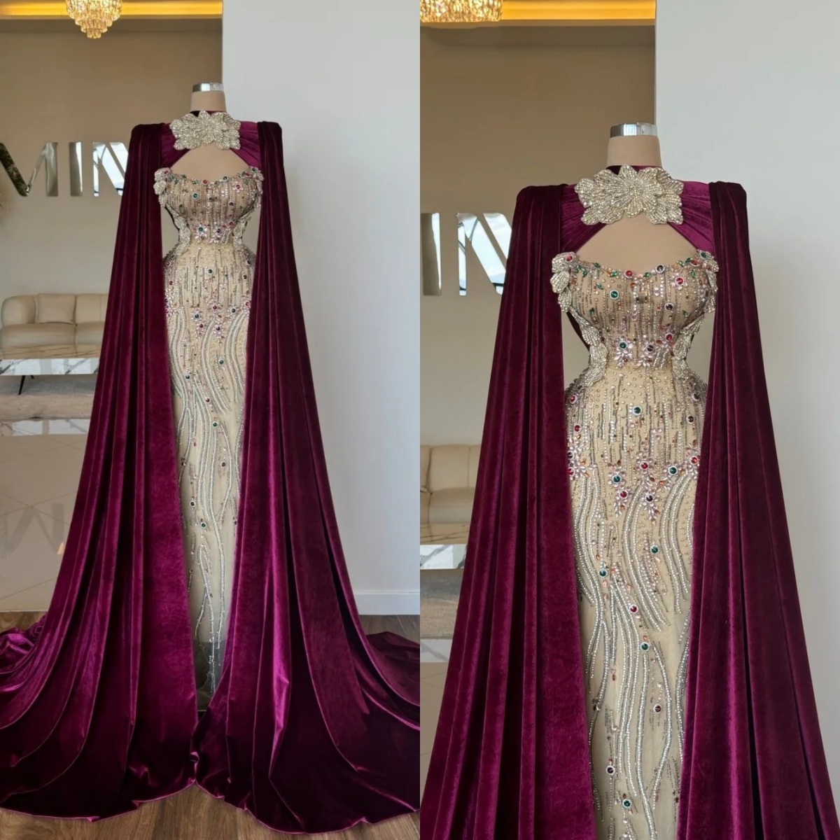 Luxury High Neck Celebrity Evening Dresses Customized Crystal Rhinestones Prom Dresses Appliques Floor Length Party Formal Gowns