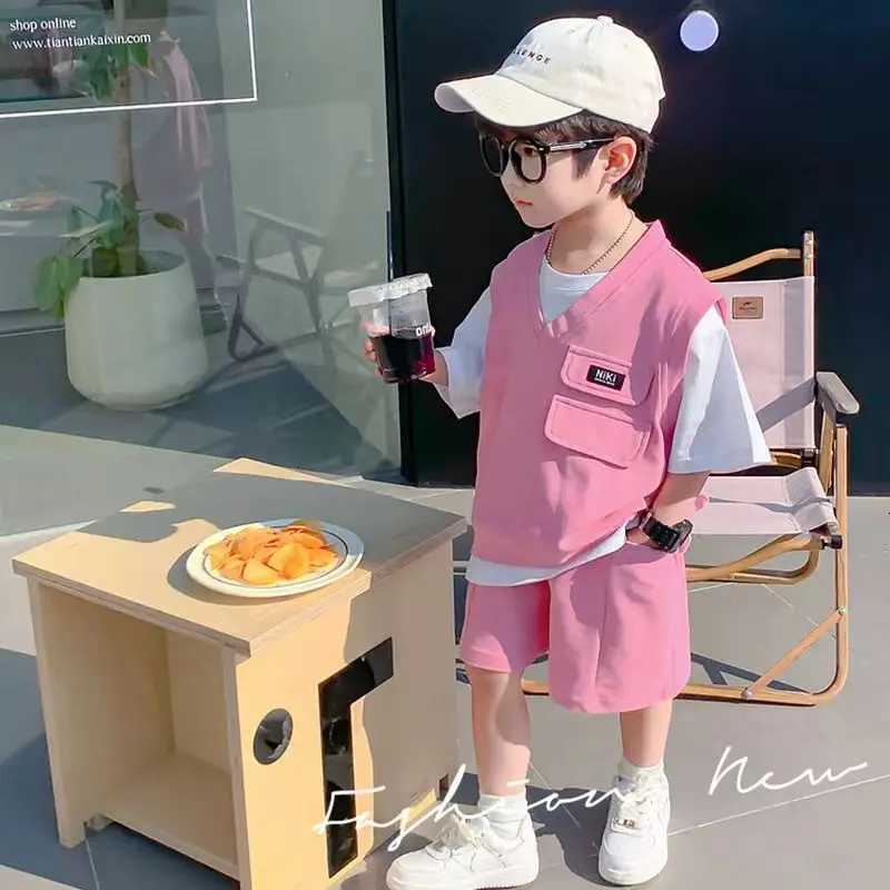 Childrens Summer Short Sleeve Set 2023 New Boys and Girls Pink Spliced T-shirt+Shorts 2-Piece Preschool Casual Sportswear Set Z250811