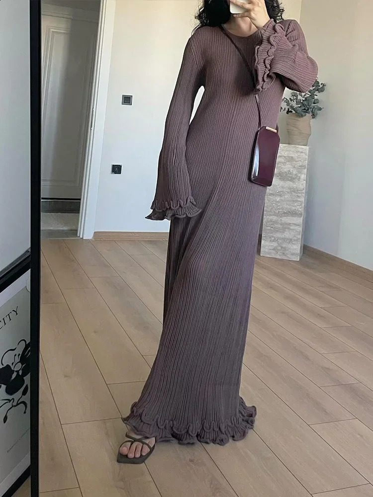 DFCF Causal Office Woman Elegant Buttons V Neck Knitted Maxi Dresses Fashion Long Sleeved Ruffles Pleasted Slim Dress 250805