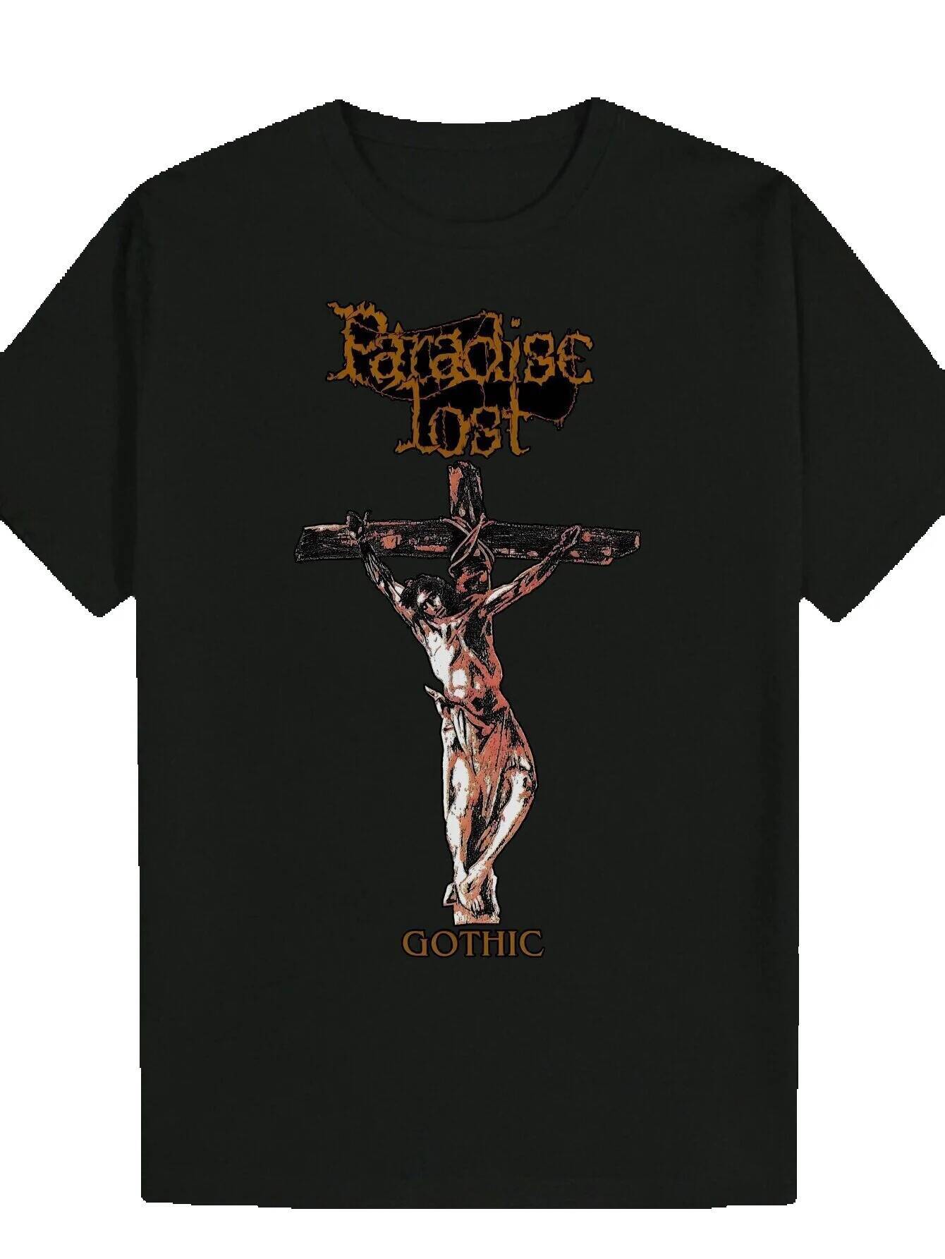 Men's Summer Round Neck Polyester T-Shirt with Gothic 'Lost' Cross Design, Lightweight and Comfortable, Suitable for Casual Wear, Every