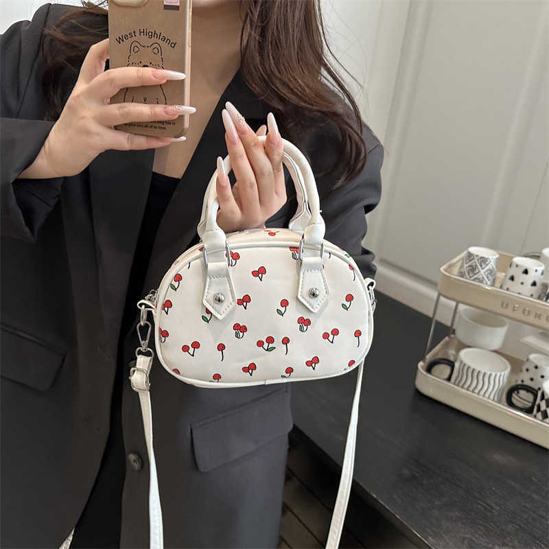 Korean Style Sweet Cherry Print Handbag Shoulder Bag for Women Large Capacity Summer 2025 Aesthetic Commuter Shoulder Crossbody Bag