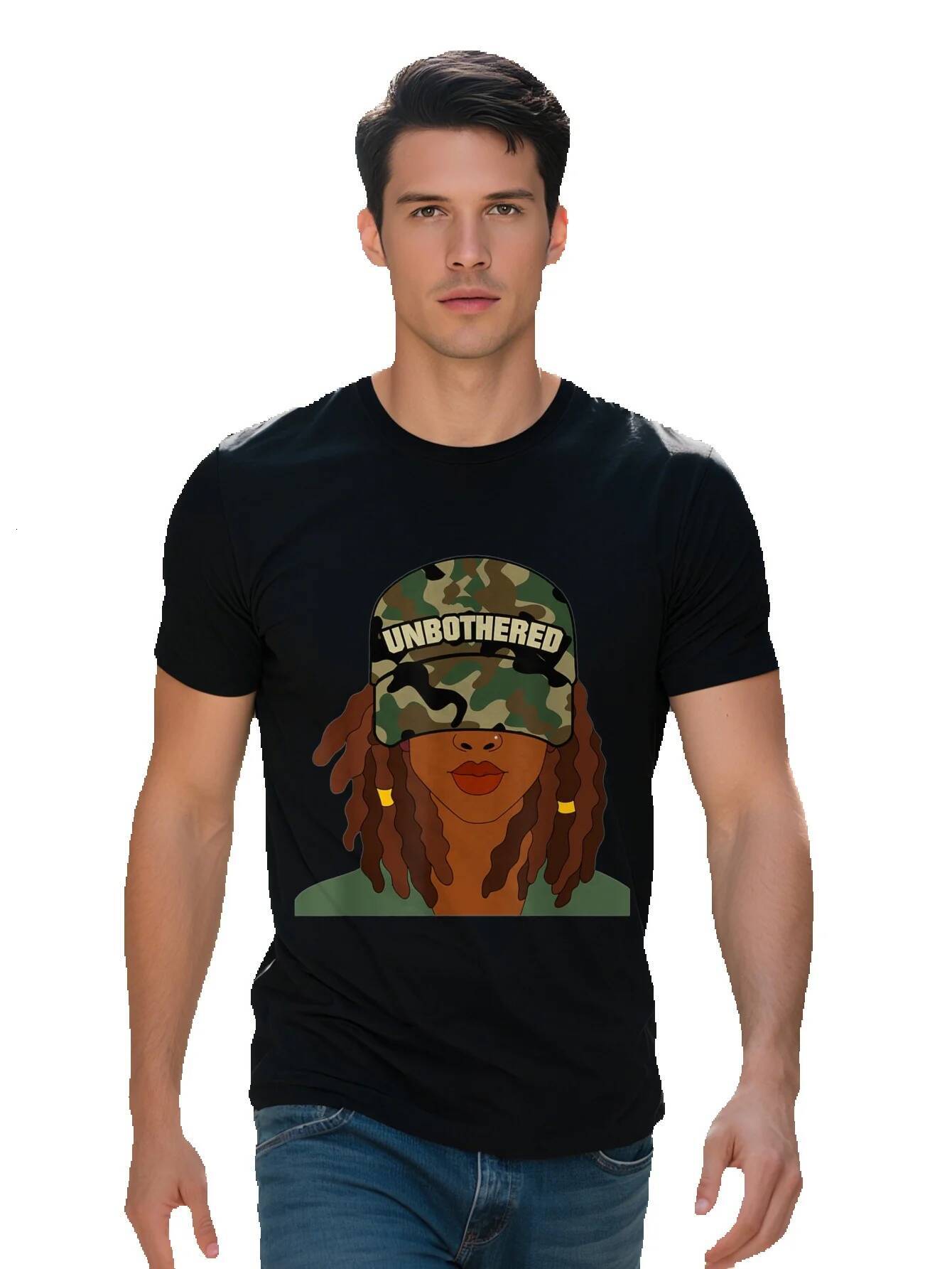 Men s g Cotton T Shirt Unbothered with Locs Camo Print Graphic Regular Fit Short Sleeve Round Neck Tee for 3a735