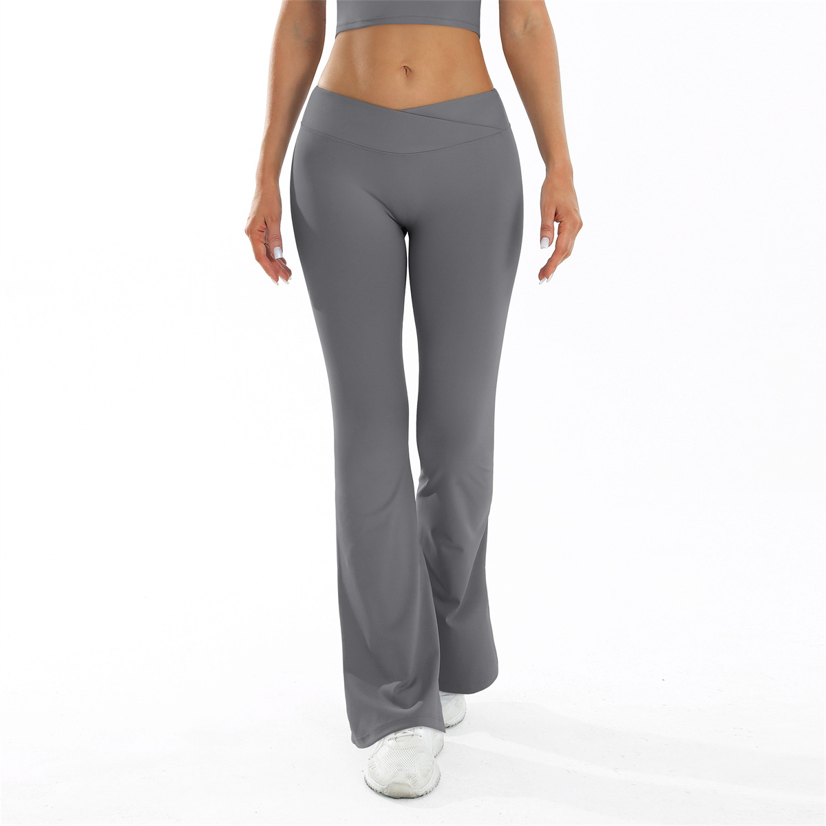 Lady's gray cross-waistline flared sweatpants